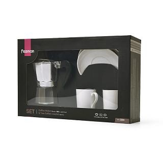 Komplekts:kafijas kanna 2 porcijām/120 ml ar 2 tasītēm un apakštasītēm
